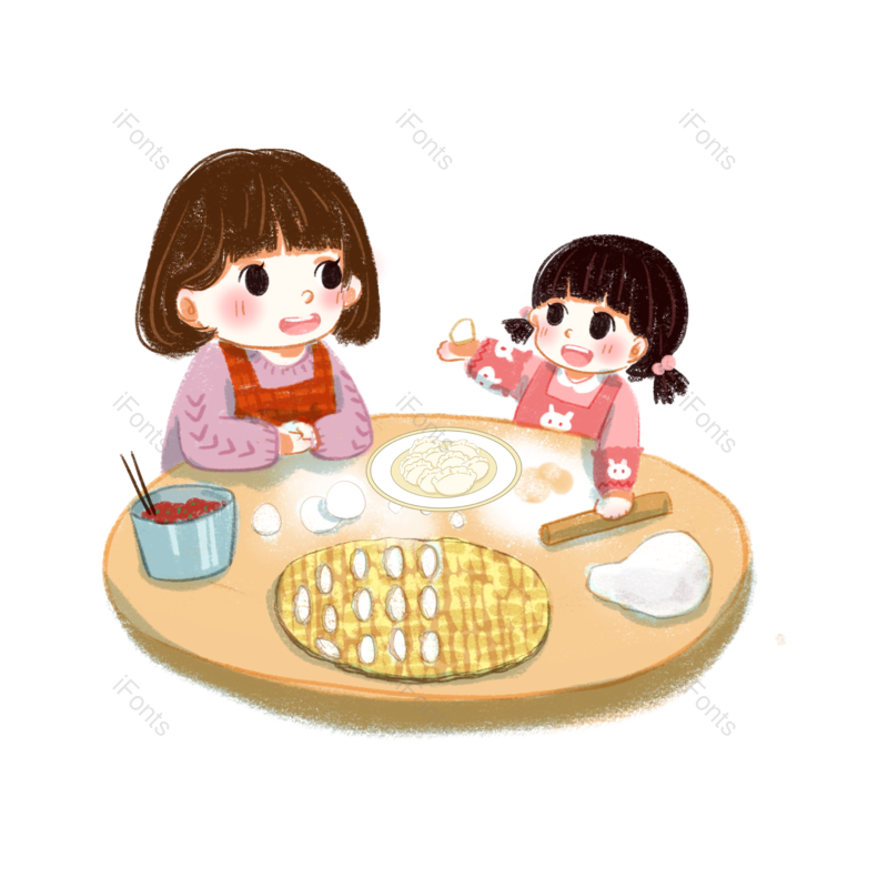 包饺子图片,插画元素,妈妈PNG,桌子免抠素材